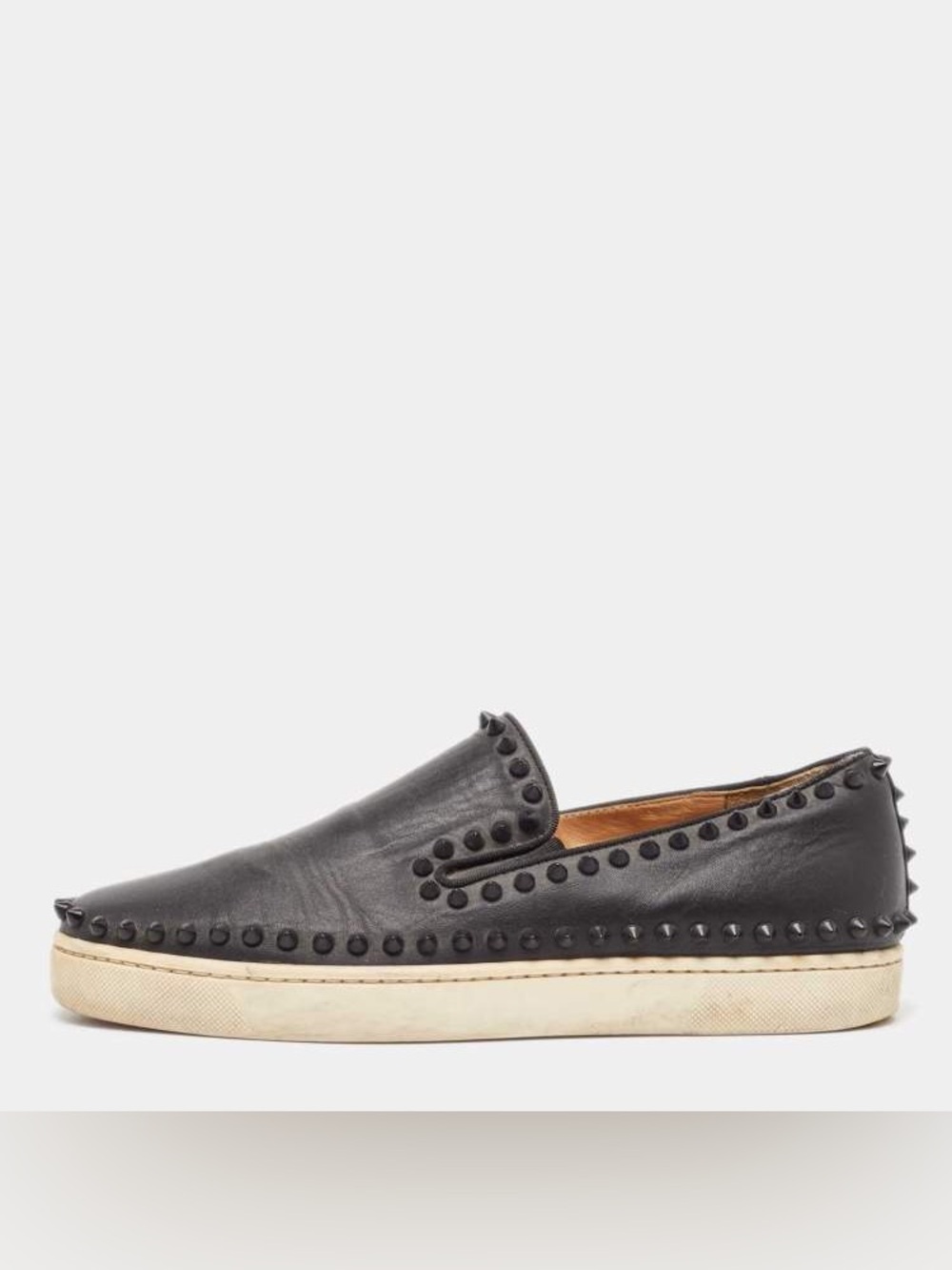 Christian Louboutin Black Leather Spike Pik Boat Slip On Sneakers Studded Sz 38